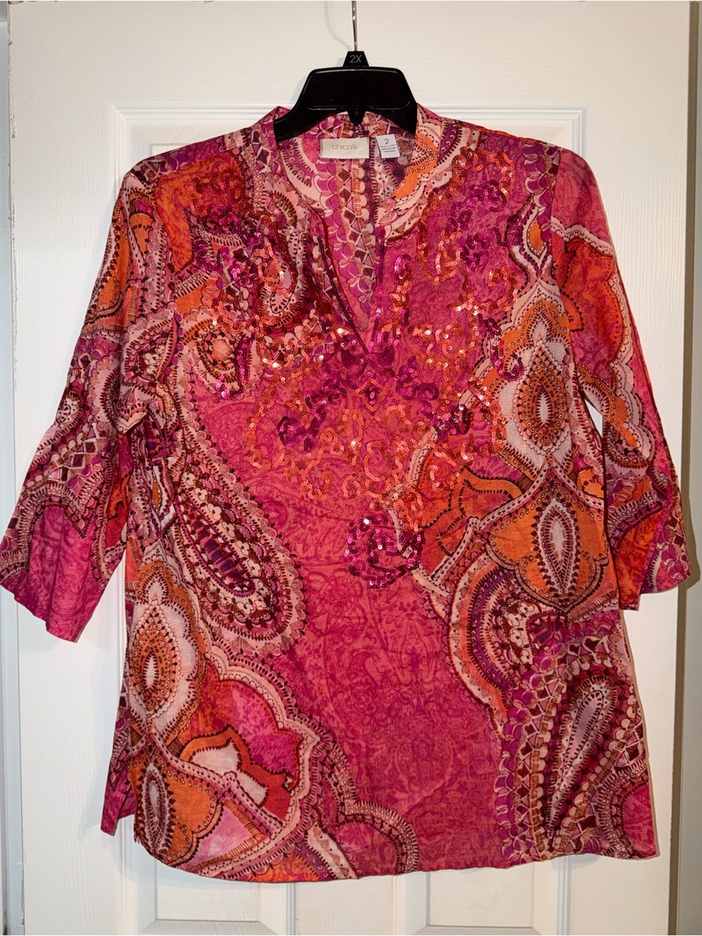 Chico's Sequin Paisley Cotton Tunic Blouse Size 2 XL Pink Orange